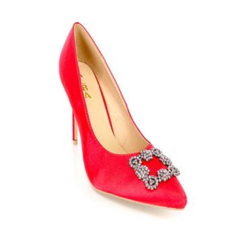 Alba Ricky-7 Women Rhinestone Brooch Decor Single Sole Pump Satin Heels Red-SHW/SHG 5.5